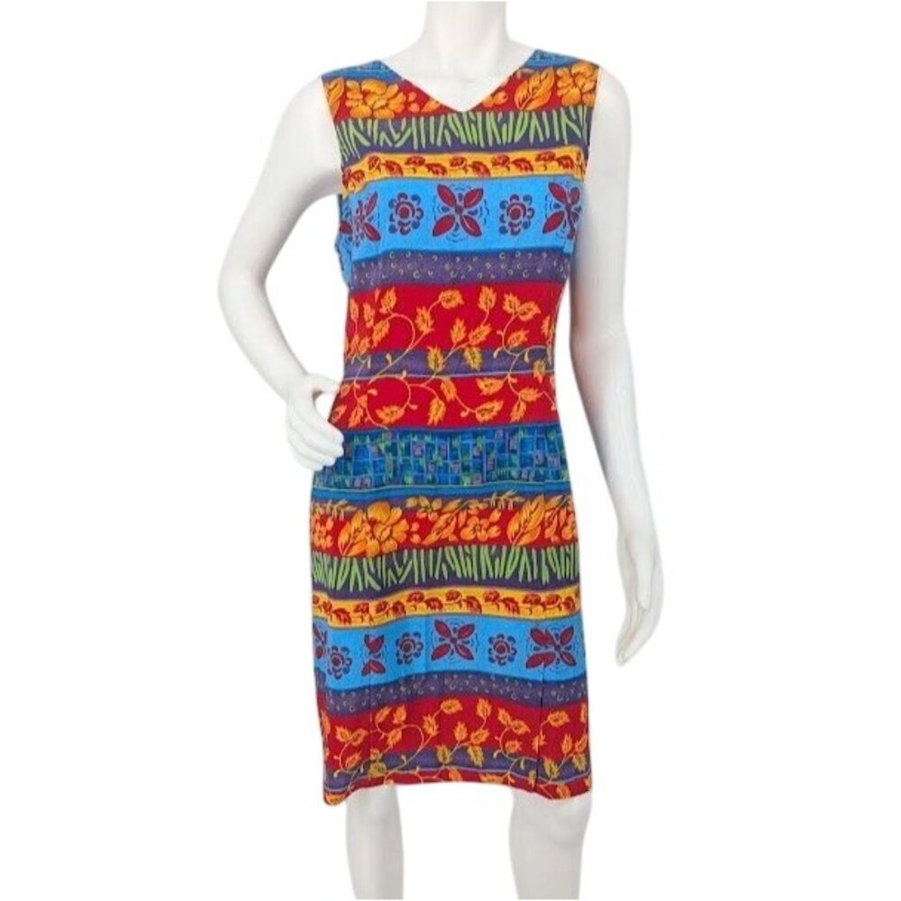 Vintage Patchwork Dress Sleeveless Slit Artsy Y2K Resort Vacation Aloha Size 12